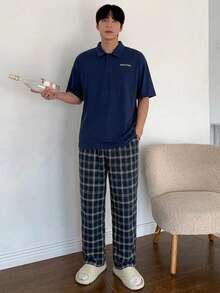 DAZY 男士夏季短袖海軍藍 Polo 衫與海軍藍格紋長褲居家休閒套裝睡衣 - 彩色 - 查看 7