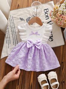 SHEIN Newborn Baby Girl Pink Lace Bibless Bow Dress - Purple - View 3