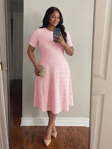 SHEIN Lady Plus Size Women's Textured Fashion Elegant Round Neck Short Sleeve Dress Evening Pink Summer - Pink - View 5