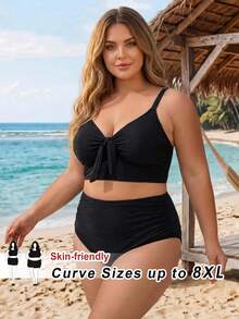 SHEIN CURVE+ 大尺碼女款 2 件組黑色扭結 V 領高腰坦基尼泳衣 海灘度假風 - 黑色 - 查看 6