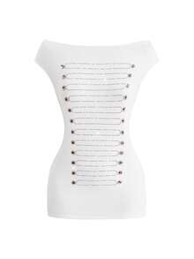 ROMWE Spring/Summer Y2K Sexy Indie Sleaze Festival Outfit Women's Fitted Backless T-Shirt Napoleon Buttons Rhinestones Date Night Pink And White - White - View 1