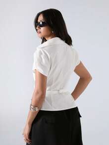 LYSMO 2026 New Arrive Minimalism Casual French Elegant Spring/Summer Women's Solid Color Waist-Defining Shirt Office Brunch White Teachers' Day - White - View 2