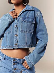 Denimoi Cropped Button Front Denim Top Fashion Denim Autumn And Denim On Denim It Girl Outfits Swimming Pastal Sexy - Medium Wash - View 5
