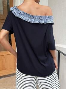 DAZY Casual Loose Fit Asymmetrical Shoulder Frill Trim Women T-Shirt - Navy Blue - View 2