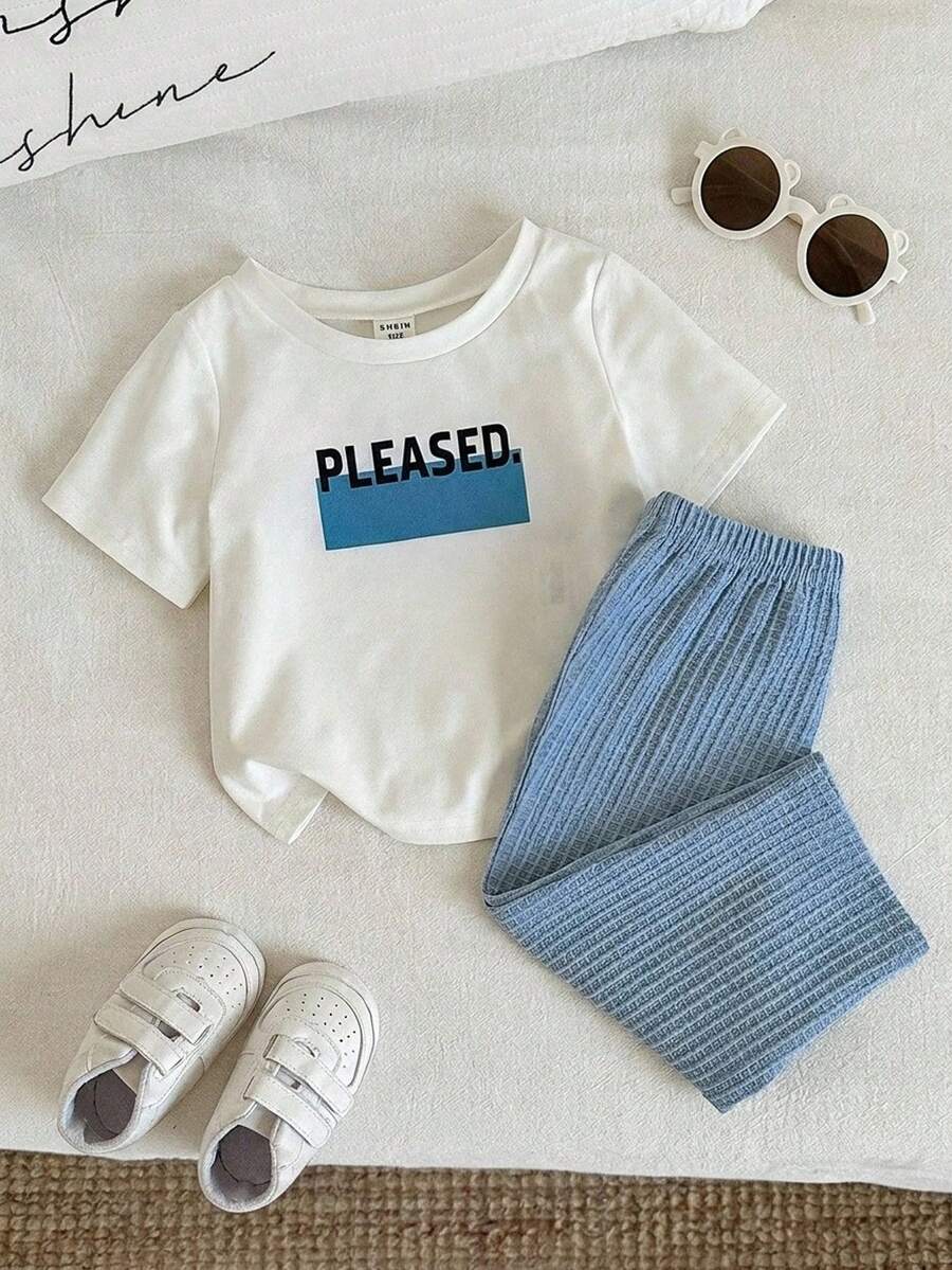 SHEIN 2件組小男孩幼兒可愛休閒華夫格布料短袖長褲居家服套裝,適合日常穿著與外出,適用春夏 - 彩色 - 查看 1