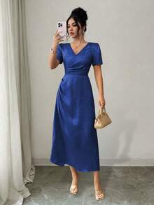 Elenzga Women's V-Neck Elegant Elegant Waist-Cinched Pleated Party Gathering Outing Casual Holiday Annual Meeting Wedding Autumn/Winter New Year Spring/Summer Gold Short Sleeve Dress - Blue - View 4