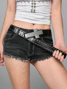 ROMWE Goth 1-Pack Ladies Black Cross Buttons Metal Rivets Decorative Punk Belts Halloween Accessories Belts Everyday Versatile - Black Cross Buckle Belt - View 3