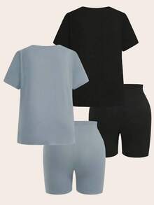 SHEIN EZwear 霧藍色大尺碼純色套裝 2件短袖上衣 + 2件及膝短褲 4件組 - 霧霾藍 - 查看 2