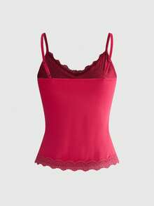 ROMWE Top de tirantes camisola para mujer Fairycore primavera verano color liso con patchwork de encaje y decoración de strass - Rosa Fucsia - Ver 2