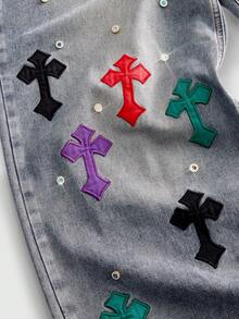 ROMWE MEN Men's Sparkling Diamond Cross Embroidery Pattern Loose Fit Jeans - Blue - View 2