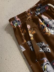 TOM & JERRY X SHEIN 男士圓領字母卡通圖案短袖上衣與短褲休閒日常家居服套裝 - 棕色 - 查看 6
