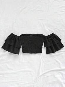Soleia 女士荷叶边印花上衣，春夏新款，黑色，夏季女装 - 黑色 - 查看 2