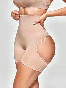 SHAPORA Pantalones cortos moldeadores de unicolor de cintura alta acanalados para mujer - Albaricoque - Ver 5