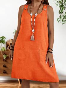 EMERY ROSE Plus Size Women's Summer Solid Color Double Pocket Design Sleeveless Casual Dress, Vacation,Orange - Orange - View 4