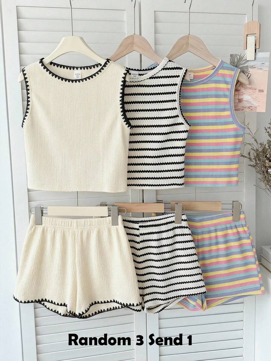 SHEIN 青少年女孩寬鬆休閒簡約舒適圓領無袖條紋背心上衣與短褲套裝 - 黑與白 - 查看 1