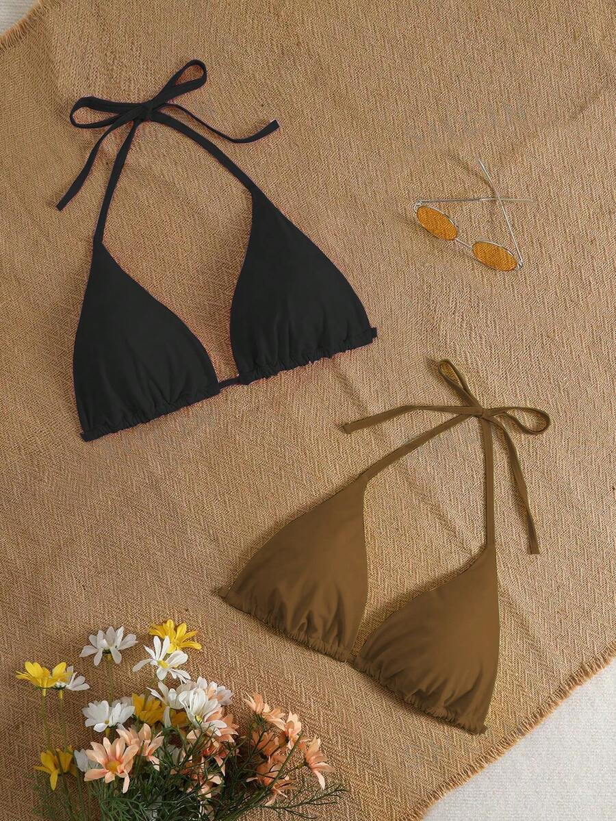 Swim Mod Plus Size Women's Solid Color Halter Neck Tie Bikini Top 2pcs Set, Suitable For Summer Vacation And Beach - Multicolor - View 1
