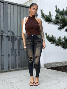 SAYEHFBABY Brown Knit Halter Neck Top For Women,Summer Top Casual - Brown - View 6