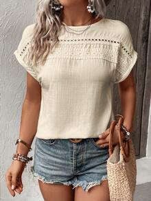 Breezaya Vacation Casual Solid Color Lace Patchwork Shirt - Apricot - View 4