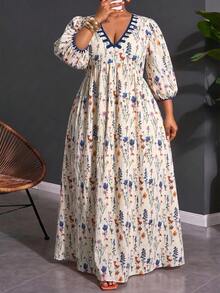 SHEIN CURVE+ Plus Size Women's Vacation Floral Print V-Neck Dress, Suitable For All Skin Tones Fall - Multicolor - View 4