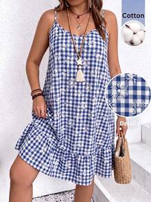 EMERY ROSE Plus Size Women's Plaid Loose Ruffle Hem Cami Dress - Blue - View 1