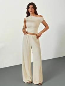 SHEIN Tall Apricot Knit Oblique Shoulder Fitted Casual Loungewear Set, Summer - Apricot - View 2