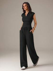 SHEIN Tall 女款休閒 Polo 領短袖上衣與長褲 2 件套 春季套裝 女款休閒套裝 夏季穿搭 春假穿搭 Y2K - 黑色 - 查看 3