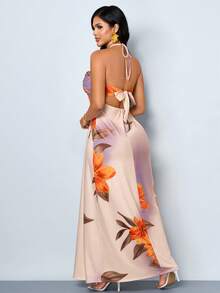 SOLERSUN Women's Casual & Sexy Sleeveless Halter-Neck Backless Maxi Dress - Featuring Beaded Accents, Ombre Gradient, And Large Floral Print. A Stylish Summer-Vibe Dress, Perfect For Vacations, Mother's Day, Beach Parties, And Elegant Resort Wear. - Apricot - View 2