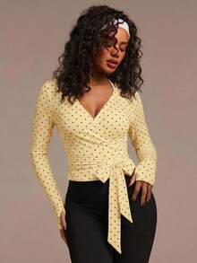 Athîral Women's Polka Dot Print Side Knot Sports T-Shirt - Yellow - View 4