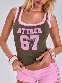 ACID BLVD Spring/Summer Y2K Hot Girl Street Sports Festival Digital Print Rhinestone Decor Slim Fit Jersey Style Colorblock Tank Top - Multicolor - View 3