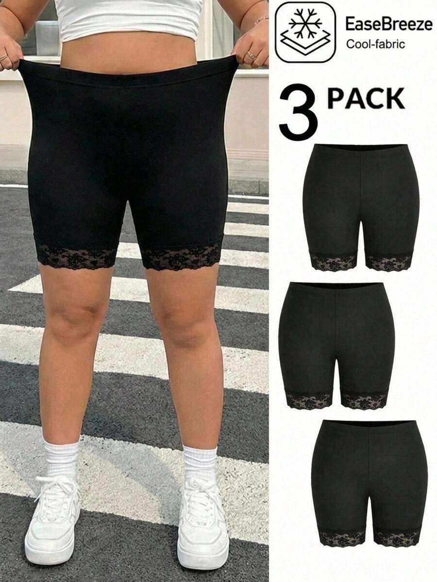 SHEIN EZwear 大码女士休闲撞色蕾丝短裤,多条装 - 黑色 - 查看 1