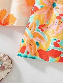 SHEIN Playful Pals 3件/套 嬰兒女童 2025夏季新款無袖吊帶洋裝，滿版花卉印花 & 素色洋裝，田園風，多巴胺配色，時尚可愛 - 橘色 - 查看 6