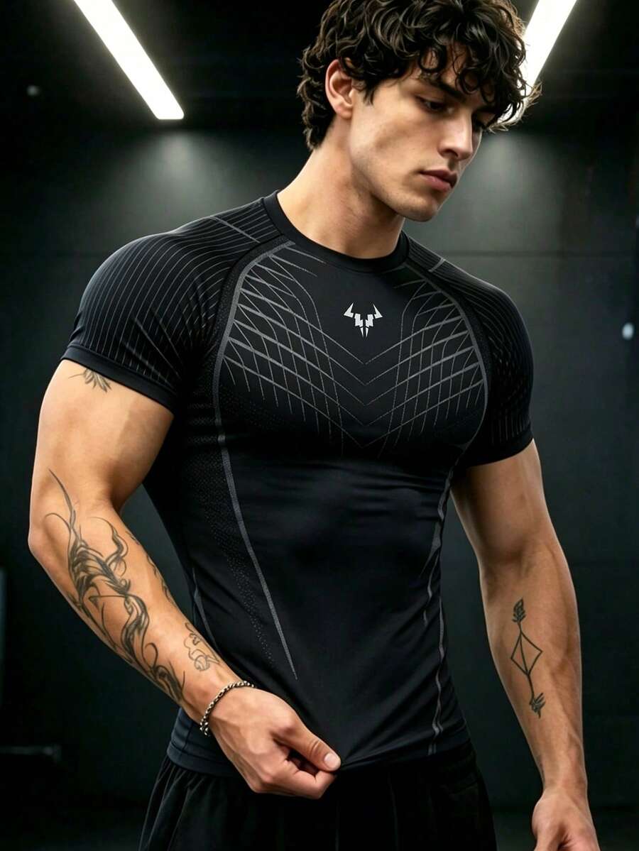 Gym Rark Kaos Olahraga Pria Lengan Pendek Raglan Leher Bulat dengan Garis Putus-putus - Hitam - View 1