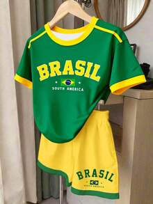 Setelan Lengan Pendek Motif Gaya Brasil Dopamine Musim Panas, Setelan Olahraga Kasual 2 Potong, Lengan Pendek dan Celana Pendek Olahraga Blok Warna Kuning dan Hijau - Putih - View 3