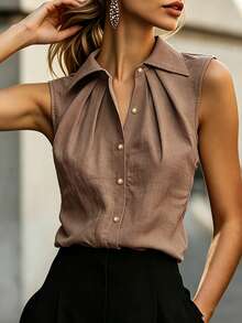 SHEIN Sleeveless Collared Shirt, Pleated Design To Flatter Shoulder And Neckline, Pearl Button Accents, Elegant And Professional, Suitable For Commuting Or Daily Wear - Brown - View 6