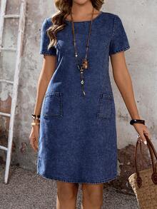 EMERY ROSE EMERY ROSE Spring/Summer Women's Minimalist Round Neck Washed Denim Dress Dresses For Women Summer - Dark Wash - View 3