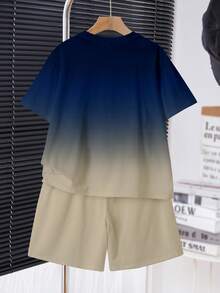 Tween Boy Casual Comfortable Fashion Minimalist Crew Neck Short Sleeve T-Shirt And Shorts Set, Classic Deep Blue Gradient Color Pattern Print, Classic Handsome Logo Pattern Print, Suitable For Vacation, Suitable For Beach - Multicolor - View 5