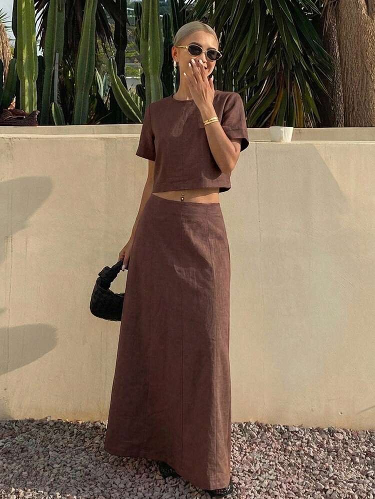 Livesso Summer Shades Of Brown Top Shirt A-Line Skirt Set, Wedding Brunch Casual Minimalist Vacation Beach Style Elegant Women's 2-Piece Outfit - Brown - View 3