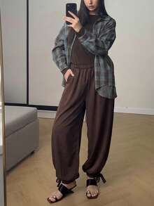 Solavon New Design Lightweight Loose Wide Leg Relaxed Pleated Lantern Pants - Brown - View 4