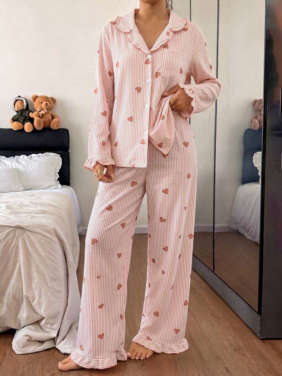 Napfluff Heart Stripe Bubble Crinkle Frill Trim Collar Open Front Pajama Set - Multicolor - View 1
