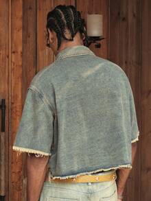 CalleClaro Chaqueta de moda con bordado y aplicaciones lavadas para hombre - Azul - Ver 2