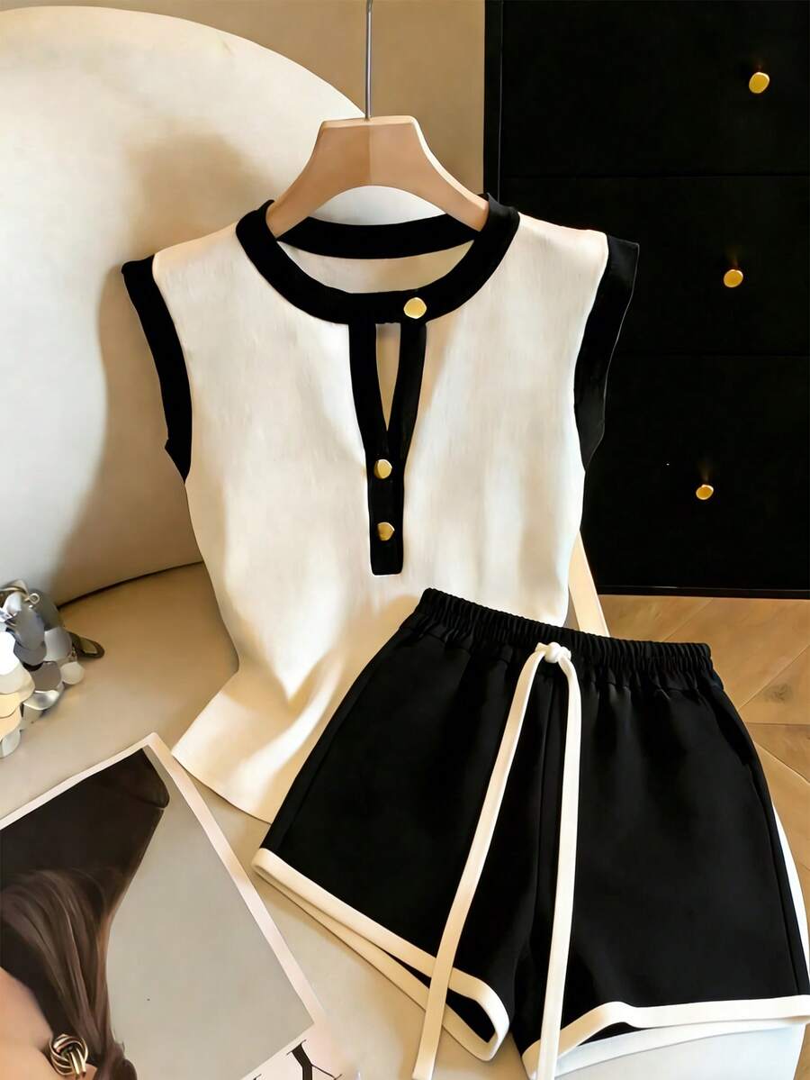 SHEIN LUNE 女士撞色简约日常短裤 - 黑與白 - 查看 1