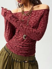 Bohemela Casual Boho Solid Color Knit Short Sleeve Women's Top Everyday Burgundy Autumn - Burgundy - View 4