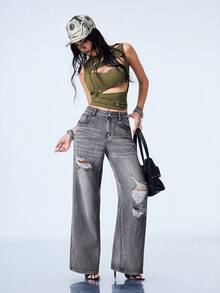 Y2Kool Gray Heavy Water-Washed Cotton Distressed Ripped Y2K Streetwear Grunge Punk Casual Street Style Loose Denim Jeans For Women Autumn Going Out Night Out - Grey - View 6