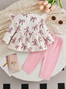 SHEIN Vintaside Kids 2件組新生女嬰杏色蝴蝶結豹紋圓領長袖荷葉袖保暖內裡羅紋軟面料T恤上衣 + 鬆緊腰休閒粉色長褲，休閒可愛韓風甜美套裝，適合秋冬日常穿著、旅行、度假、派對、室內外場合 - 粉色 - 查看 3
