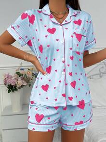 SHEIN Heart Print Lapel Open Front Short Sleeve Shorts Ribbed Pajama Set - Blue - View 5