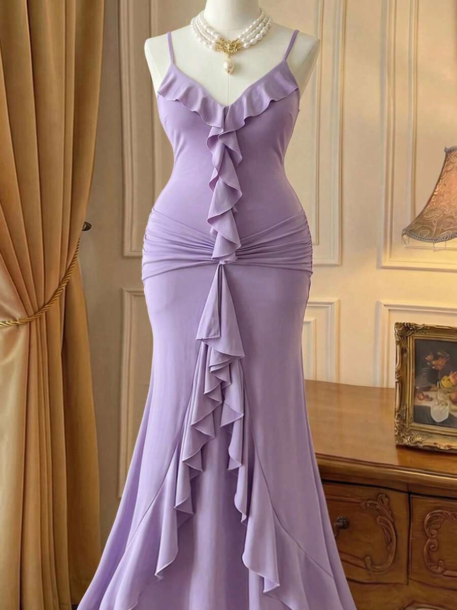 DreamSkyne Elegantes gestricktes Bodycon-Kleid in Taro-Lila Große Größen für Damen mit Rüschen vorne und hinten sowie plissierter, taillierter Taille
