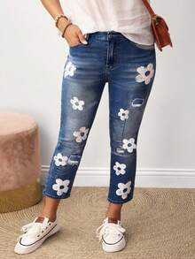 EMERY ROSE Plus Size Women's Floral Print Pocket Tight Distressed Fashion Jeans - Dark Wash - View 2