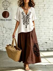 EMERY ROSE Summer Countryside Casual Vacation Bohemian Print Textured V-Neck Ruched Splice Drop Shoulder Blouse And Wide Leg Loose Pants 2-Piece Set For Women - Multicolor - View 3