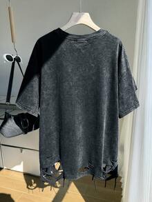 SHEIN EZwear 大尺碼女款純色落肩袖圓領破洞 T 恤 正式深色水洗 夏季 90 年代鄉村休閒 早午餐 演唱會 - 藏蓝色 - 查看 3