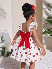 SHEIN LMoss Kids 少女草莓蝴蝶結印花細肩帶洋裝，適合春夏季度假 - 白色 - 查看 3